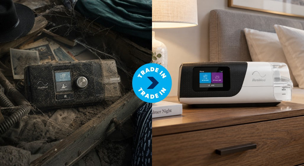Old dusty CPAP machine traded in for a new ResMed AirSense 11 on a bedside table