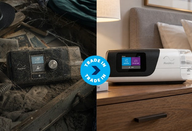 Old dusty CPAP machine traded in for a new ResMed AirSense 11 on a bedside table